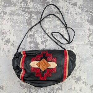 Vintage Carlos Falchi Black Leather Southwestern Geometric Clutch Crossbody Bag